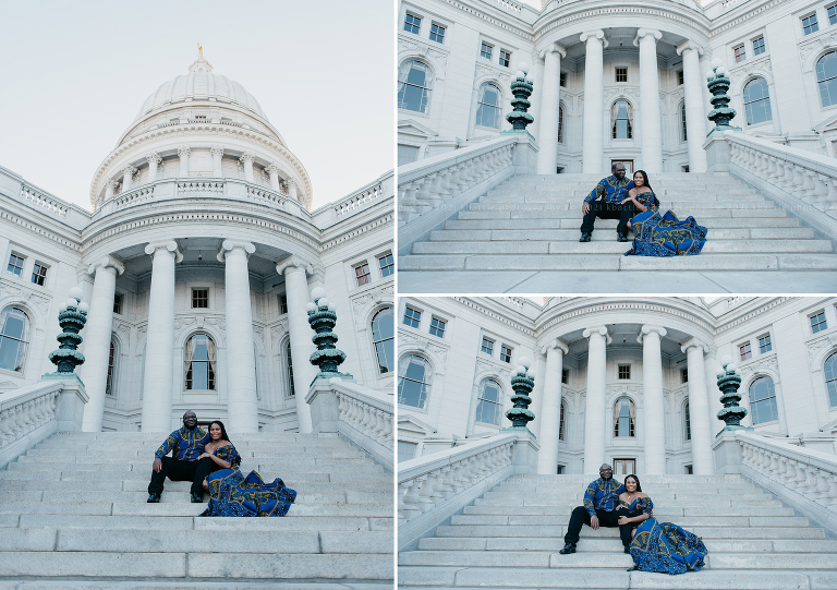 a couple sits on a beautiful staircase while dressed in traditional Nigerian attire during their Madison engagement session