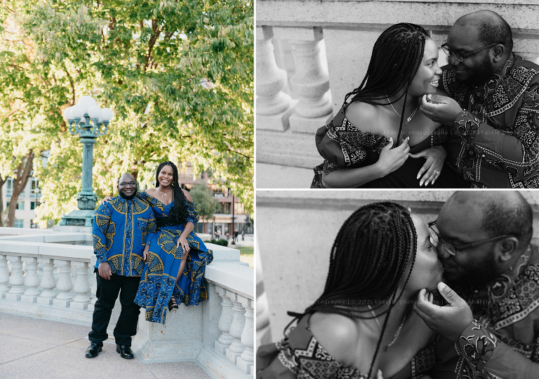 a couple dressed in Nigerian attire kisses during their Madison engagement session
