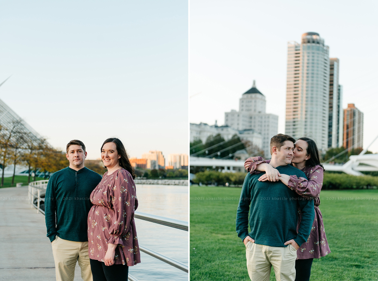 a couple poses in front of the skyline during their milwaukee engagement photos