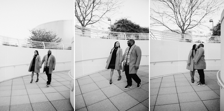 a couple walks while holding hands during their Madison engagement session