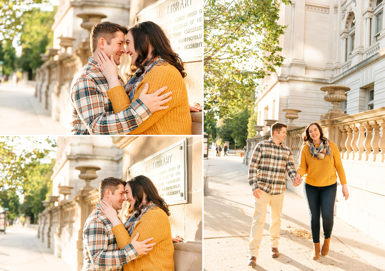 a couple poses in front of the capitol building during their milwaukee engagement photos